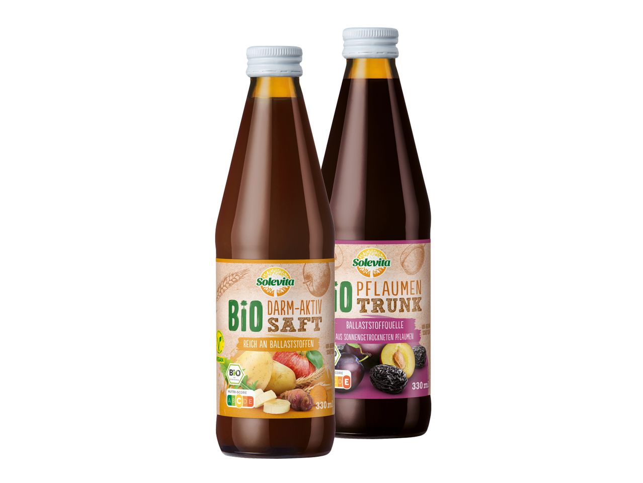 Zwei Flaschen Bio-Saft von Voelkel: Apfel und Traube.