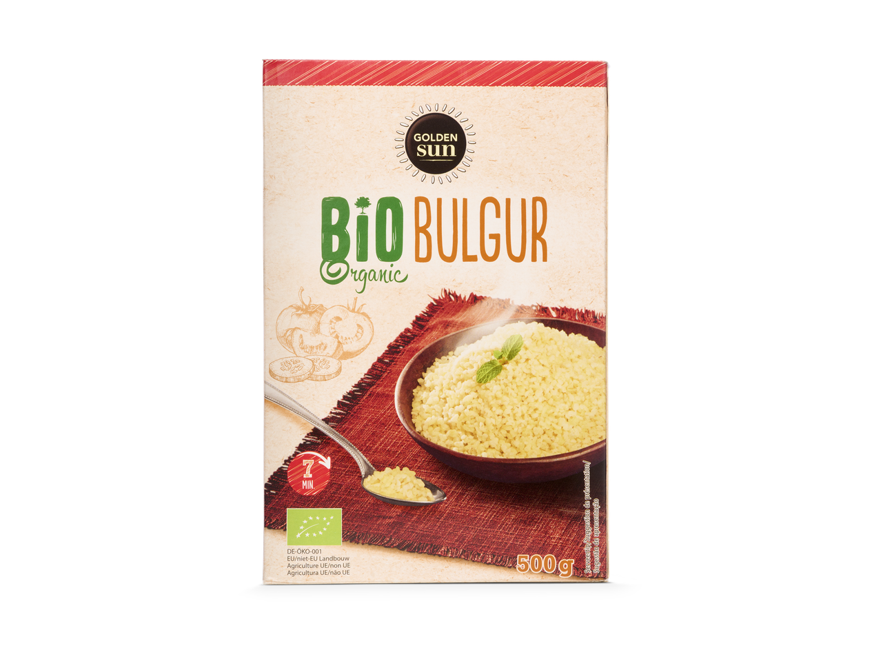 Biologische bulgur in een verpakking van 500g, met een serveersuggestie van gekookte bulgur.