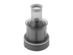 Vacuum cleaner filter with a perforated cylindrical body and a transparent top.