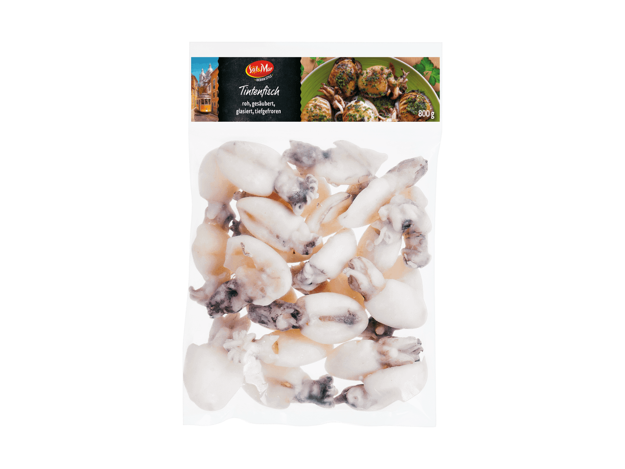 Verpackung mit gefrorenem Tintenfisch, roh, gesäubert und glasiert, 800 g