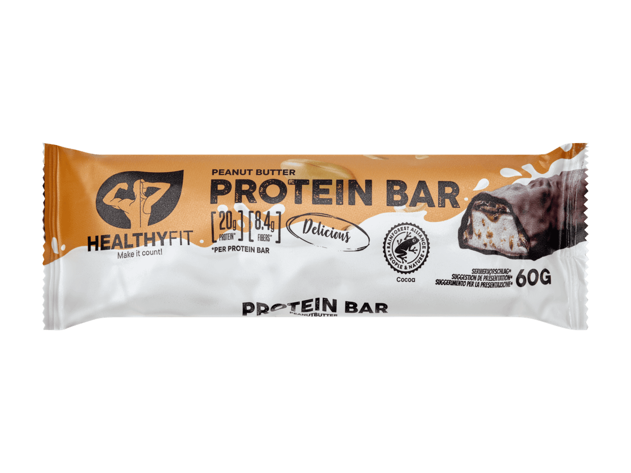 Erdnussbutter-Proteinriegel 60g mit 20g Protein und 8.4g Ballaststoffen.