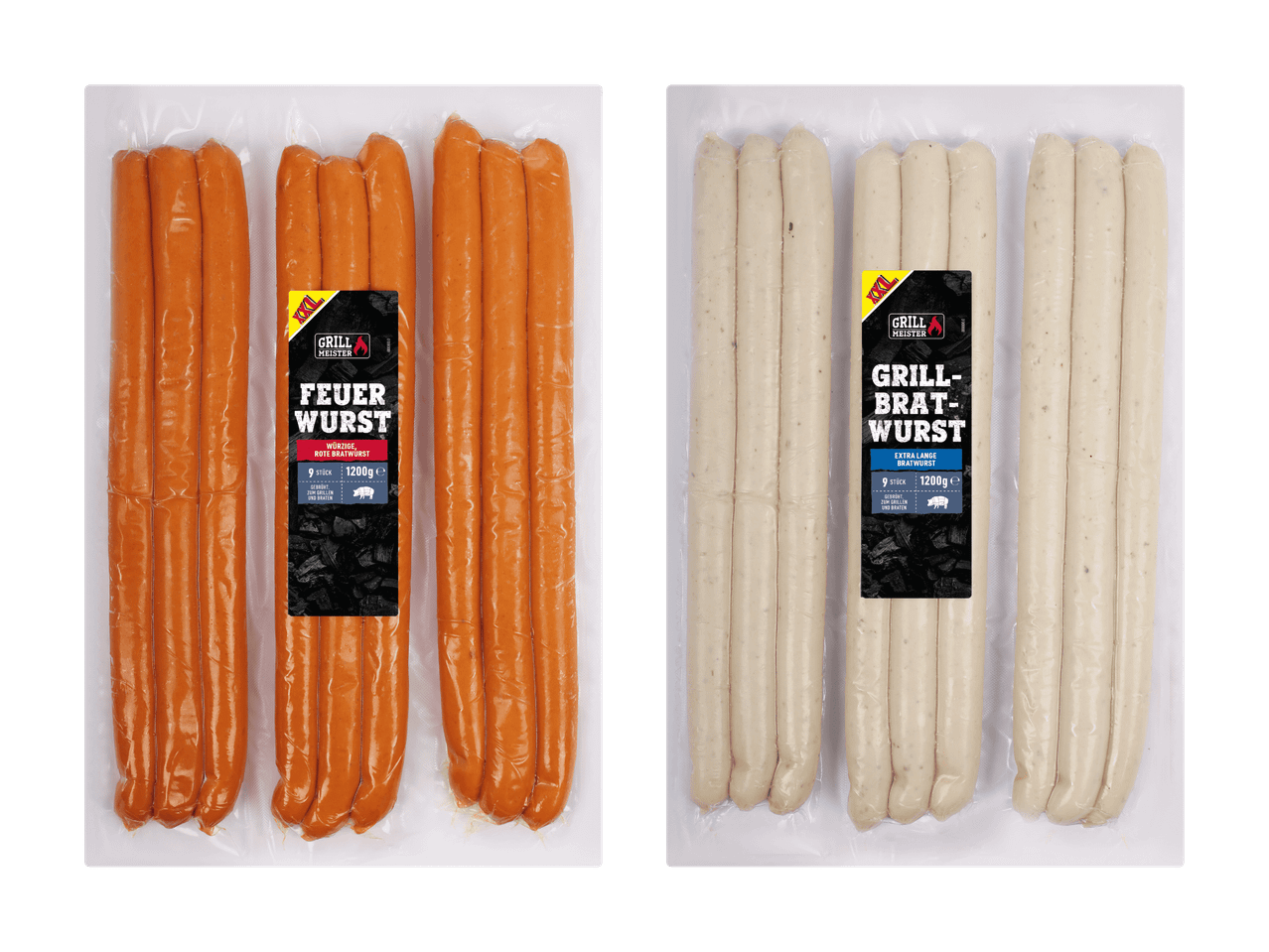 Grillmeister Feuerwurst und Grillbratwurst: Zwei Packungen Grillwürste, eine rot, eine weiß.