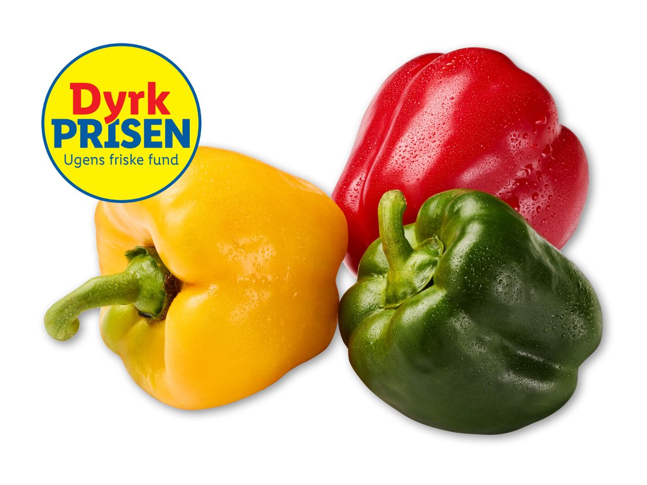 Tre peberfrugter i gul, rød og grøn med et Dyrk Prisen-logo.