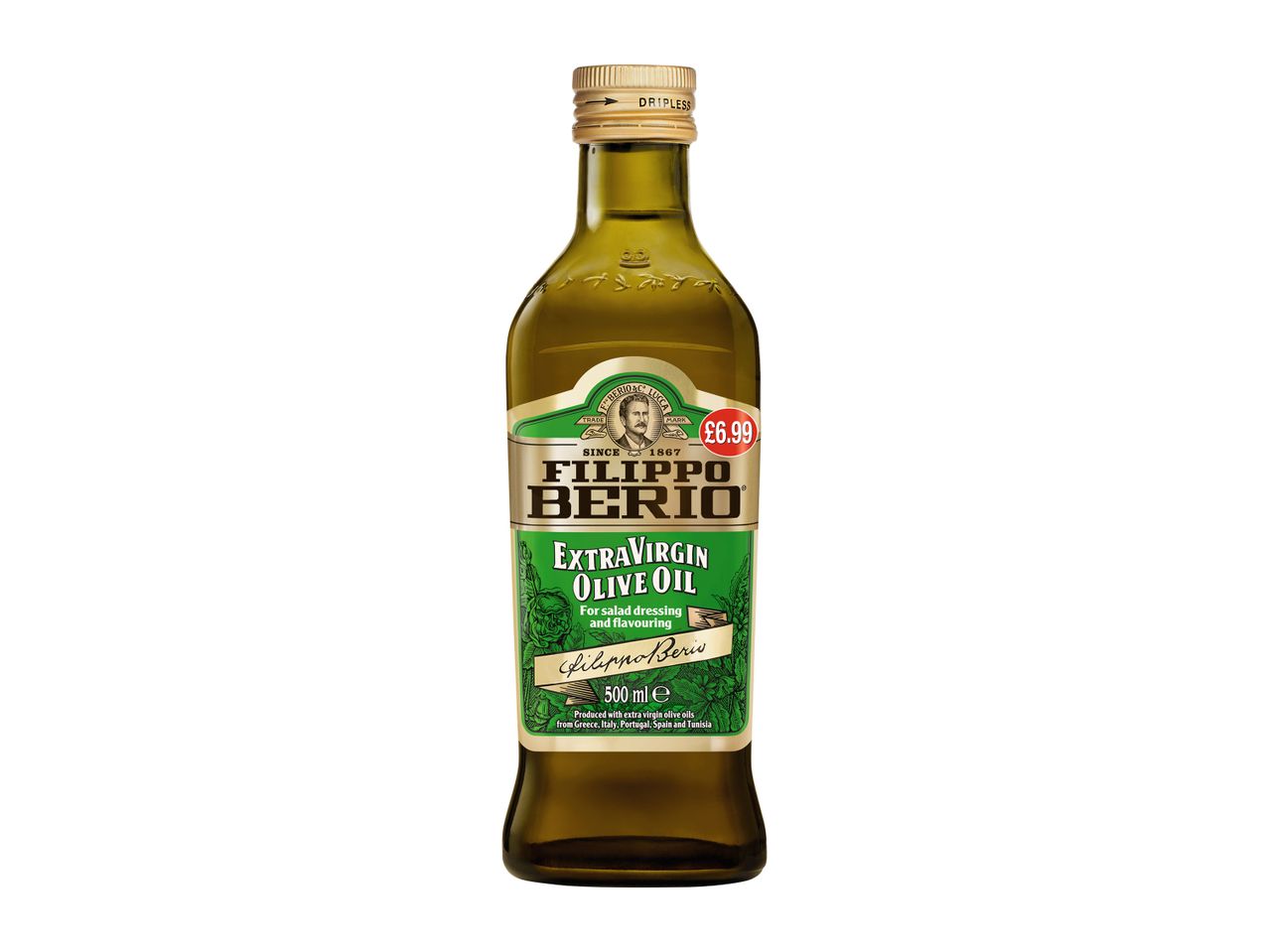 A bottle of Filippo Berio Extra Virgin Olive Oil, 500ml, priced at £6.99.