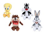 Vier Looney Tunes Plüschtiere: Tweety, Sylvester, Taz und Bugs Bunny auf schwarzem Hintergrund.
