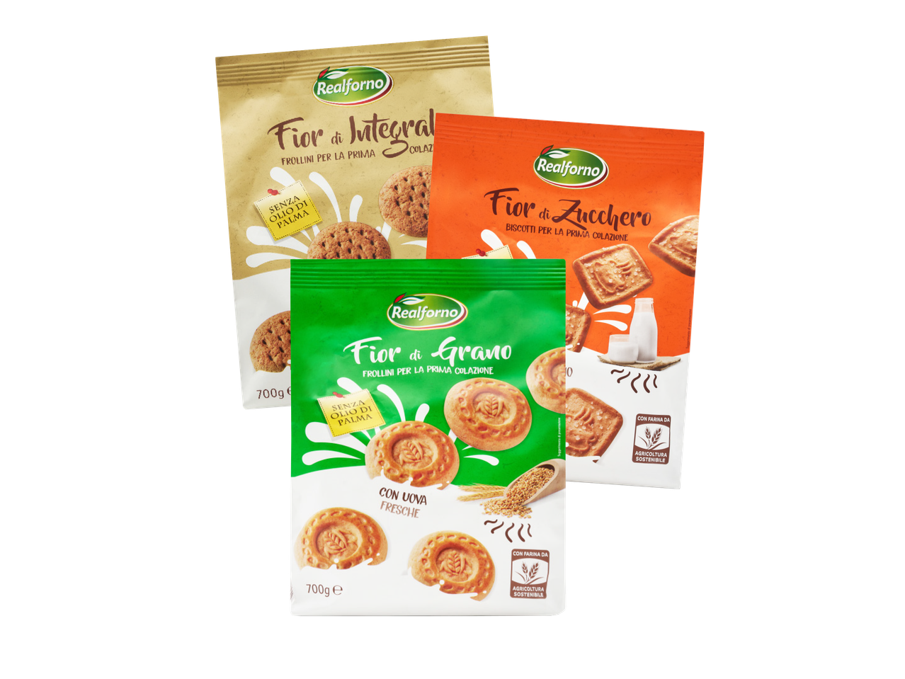 Biscotti Realforno: Fior di Grano, Fior di Integrale e Fior di Zucchero.