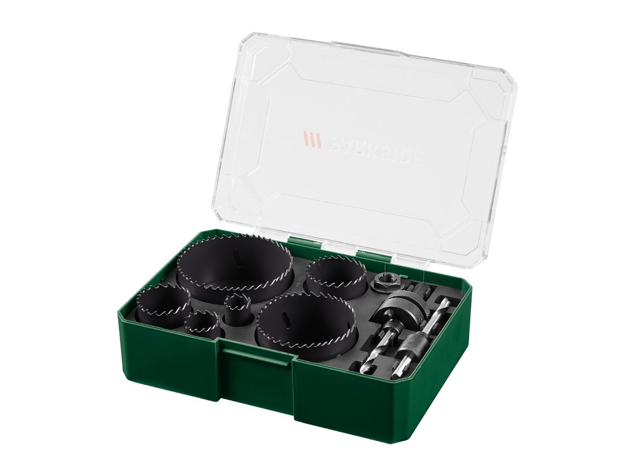 Hole saw set with various sizes of saw blades and drill bits in a green and clear case.