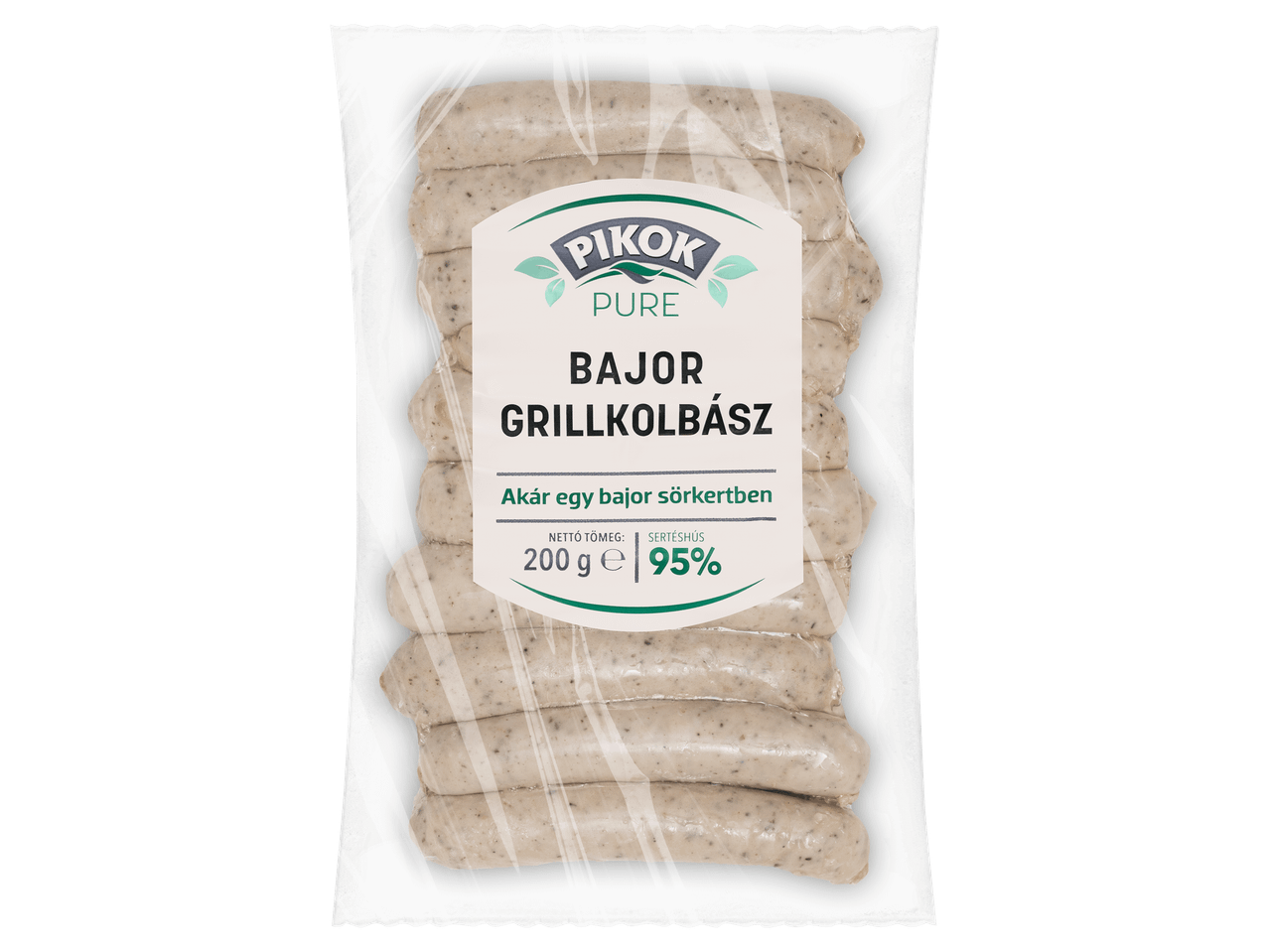 Bajor grillkolbász 95% sertéshústartalommal, 200 g-os kiszerelésben.