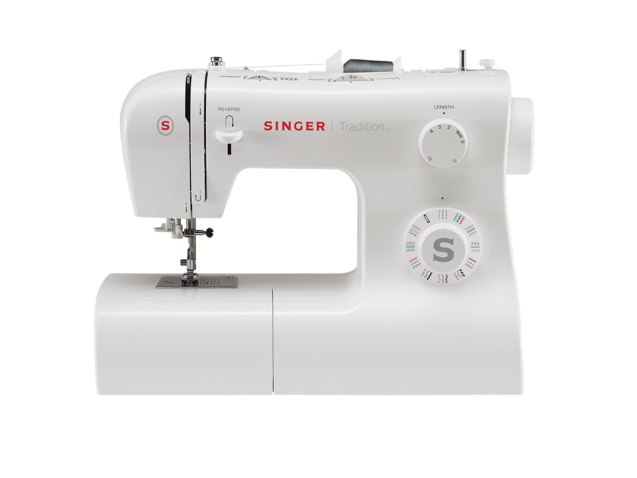 Singer Tradition sewing machine with stitch and length dials, and thread tension control.