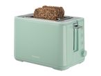 A light green toaster with two slices of seeded bread inside, ready for toasting.