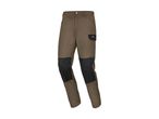 Brown work trousers with black knee and side pocket reinforcements.