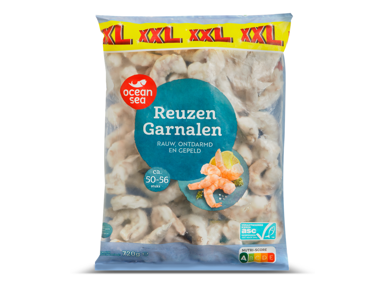 Zak diepvries garnalen, rauw, ontdaan van darmen en gepeld, met Nutri-Score A.