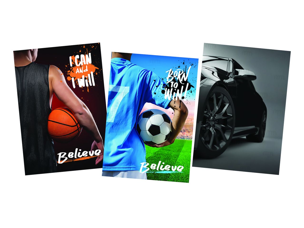 Tri inspirativne slike: košarkaš, fudbaler i sportski automobil, sa motivacionim citatima.