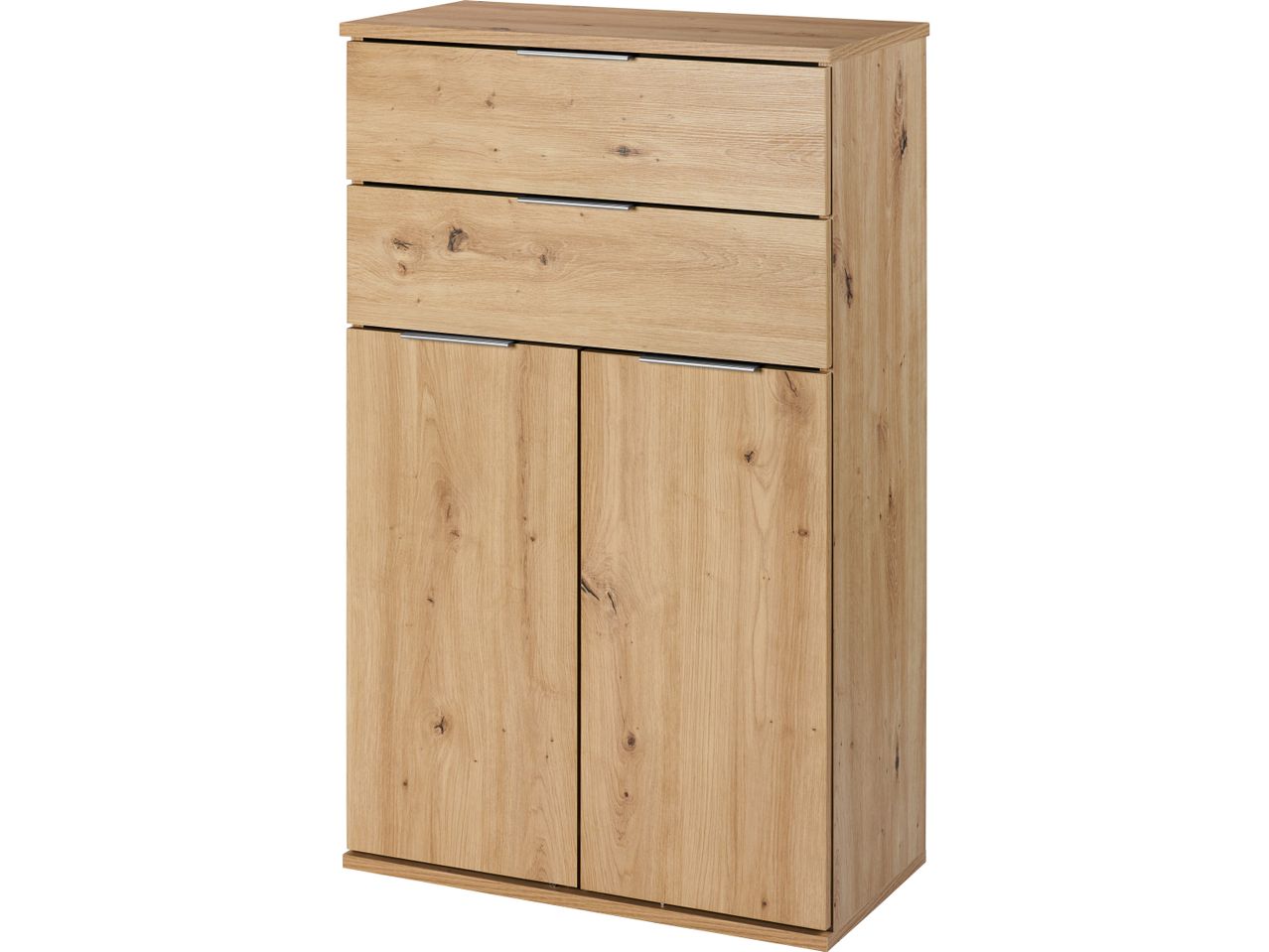 Light brown wooden cabinet with two drawers and two doors.