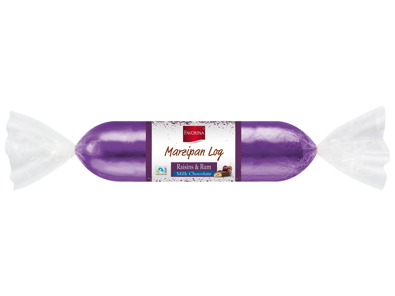 Violetinis marcipano batonėlis su razinomis ir romu pieniniame šokolade, supakuotas kaip saldainis.