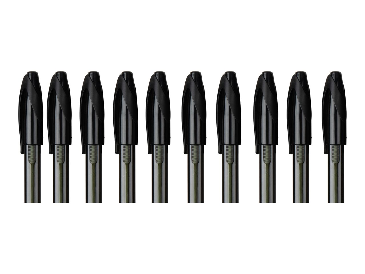 Ten black pens arranged in a row.