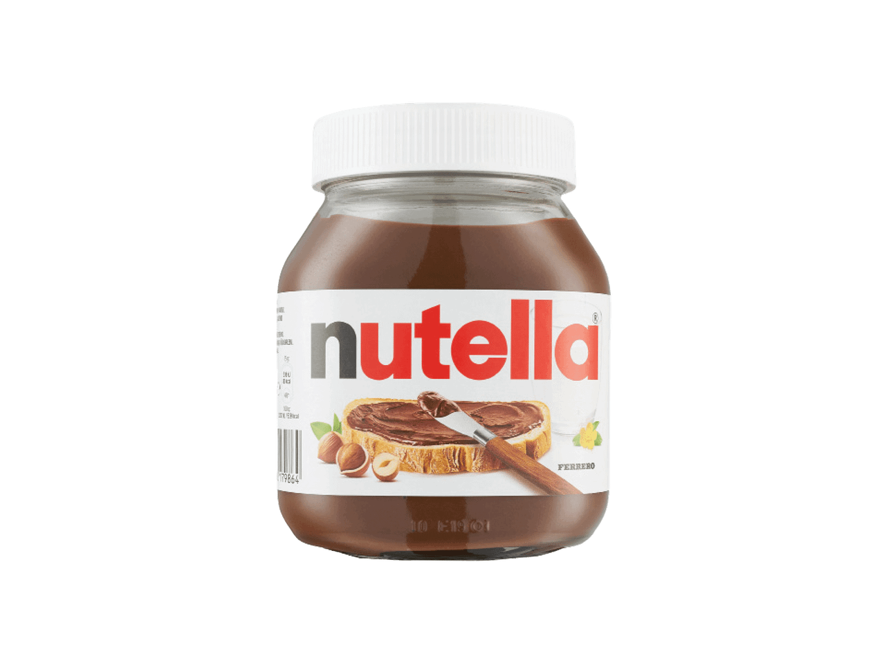 Nutella lazdynų riešutų kremas stiklainyje su duona, riešutais ir pienu.