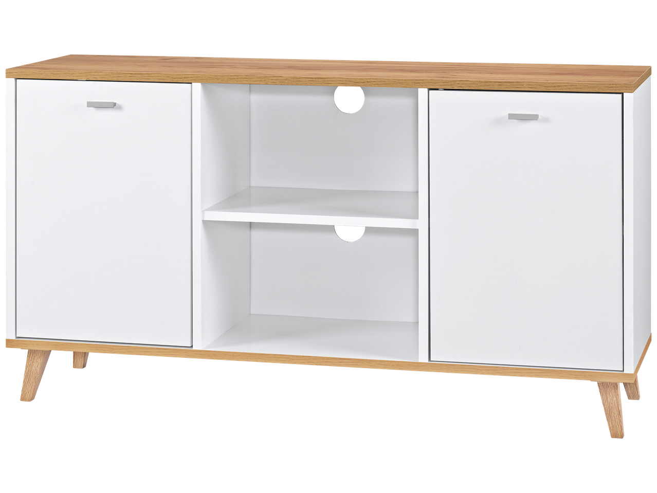 Meuble TV blanc et bois clair avec deux portes et étagères ouvertes.