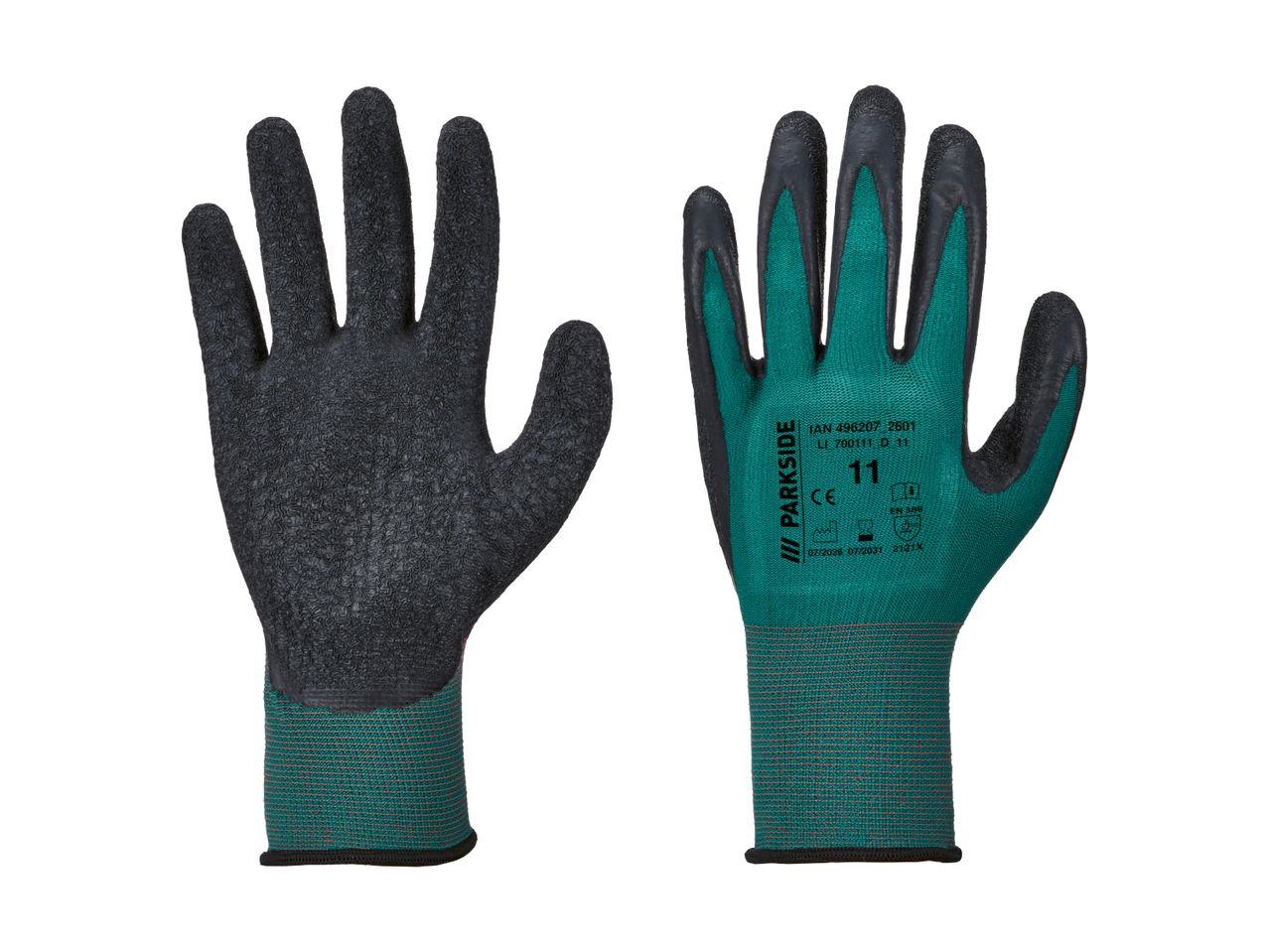 Pair of green and black work gloves with textured grip and product information.