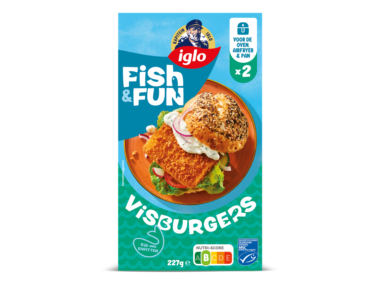 Verpakking van twee visburgers met een Nutri-Score B.