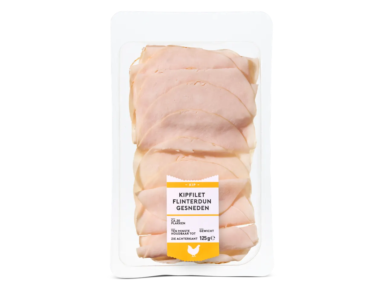 Verpakking met flinterdun gesneden kipfilet, 125 gram.