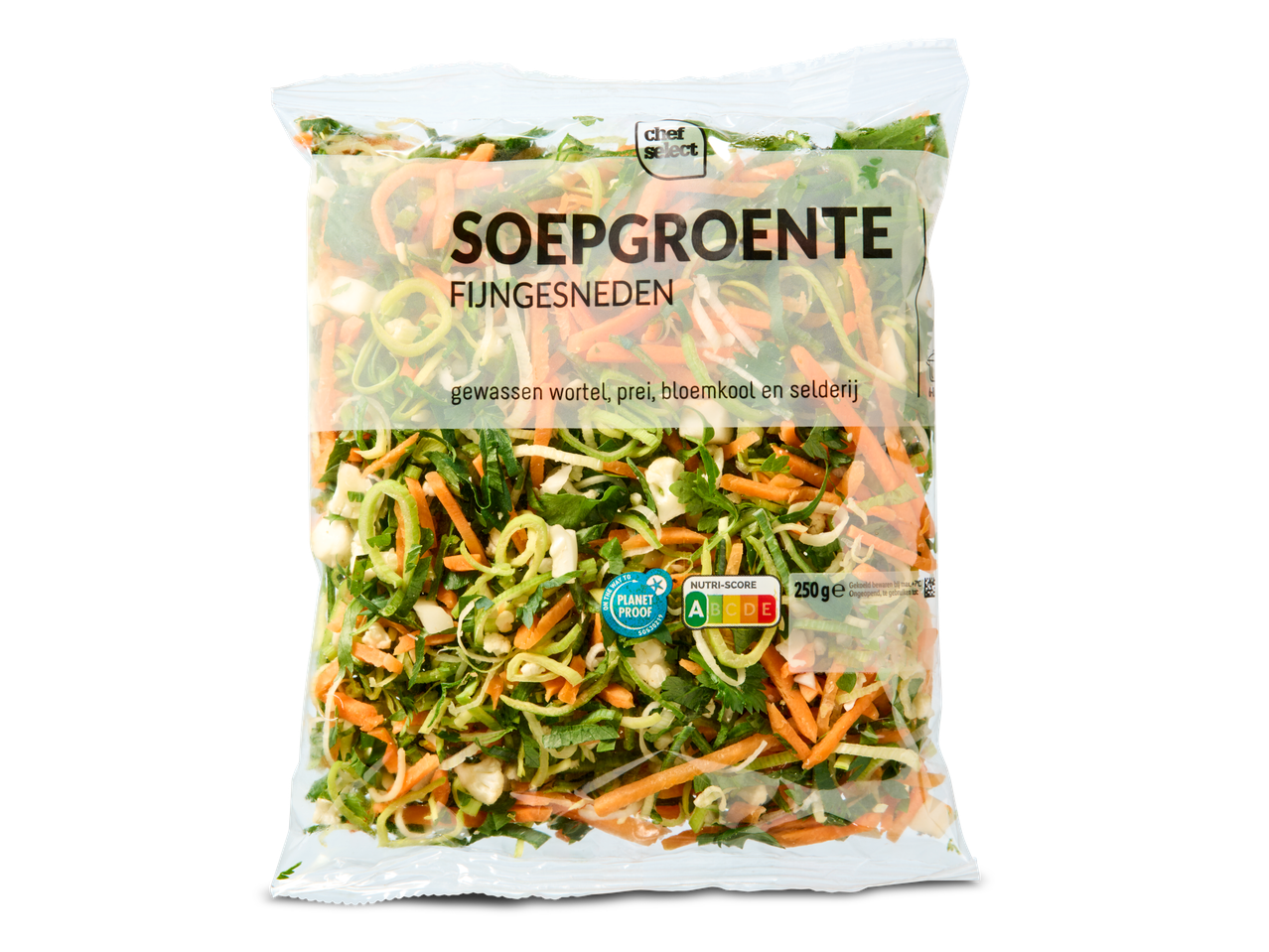 Chef Select fijngesneden soepgroenten (wortel, prei, bloemkool, selderij) in een plastic zak.