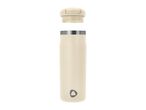 Cream-colored travel mug with a detached lid, featuring a small triangular logo.