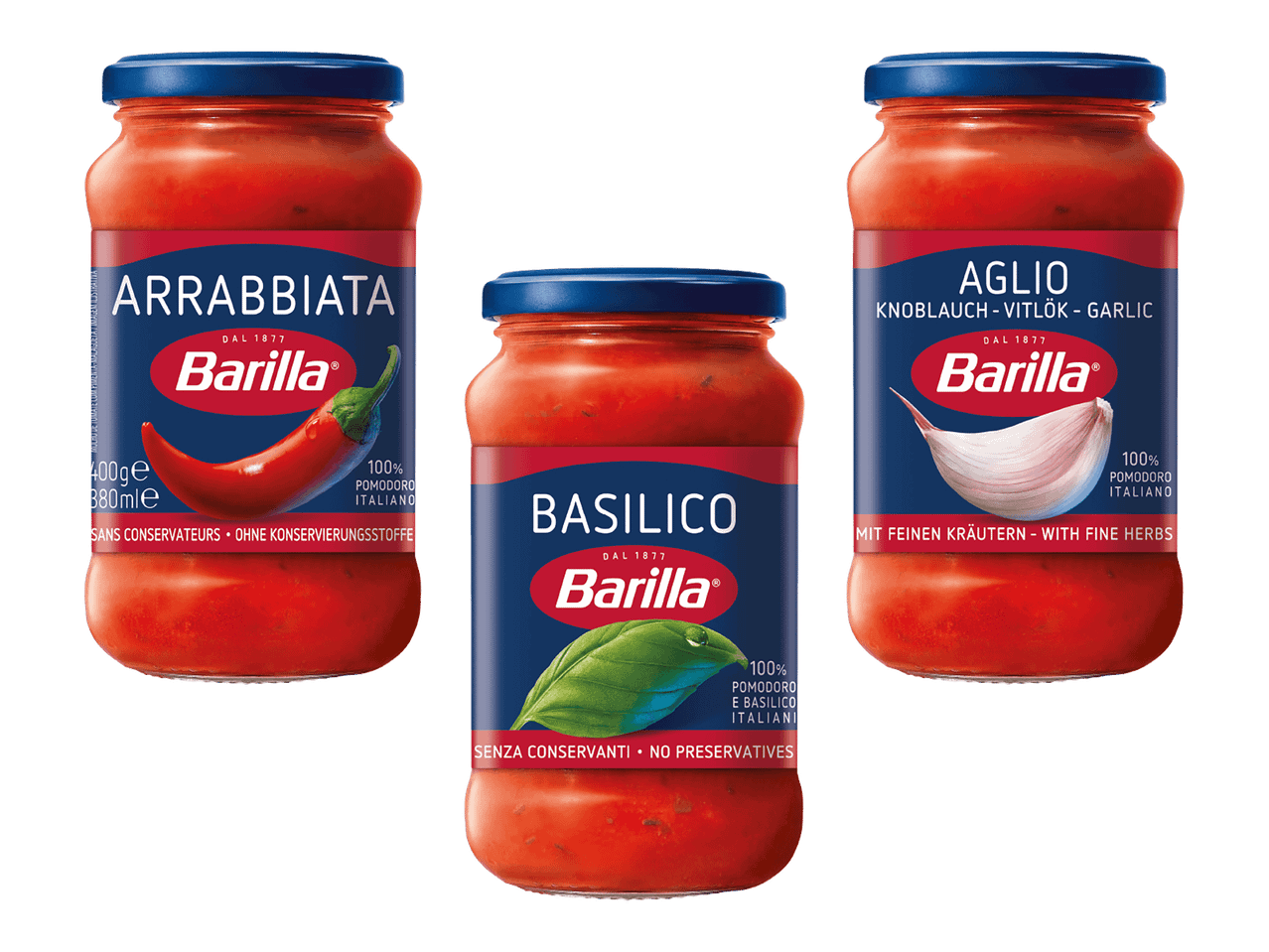 Kolme purkkia tomaattikastiketta: arrabbiata, basilika ja valkosipuli.