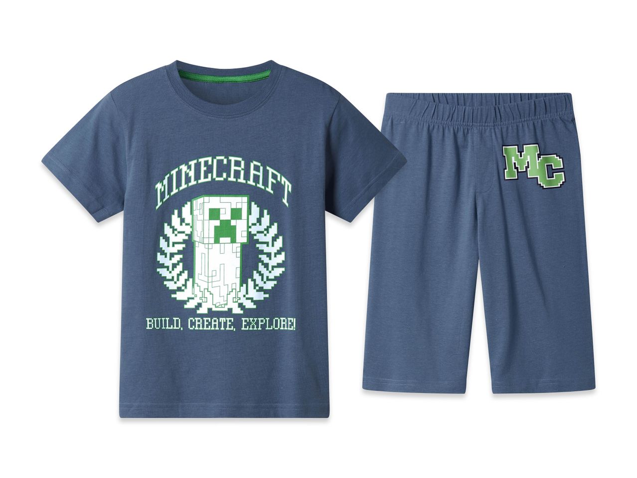 Pigiama Minecraft per bambini, maglietta a maniche corte e pantaloni corti blu.