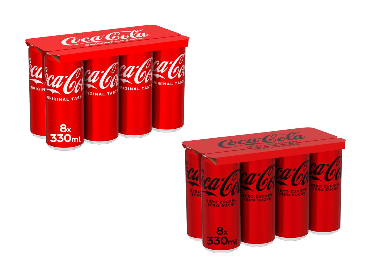 Coca-Cola und Coca-Cola Zero Dosen, 8x330ml Packung.