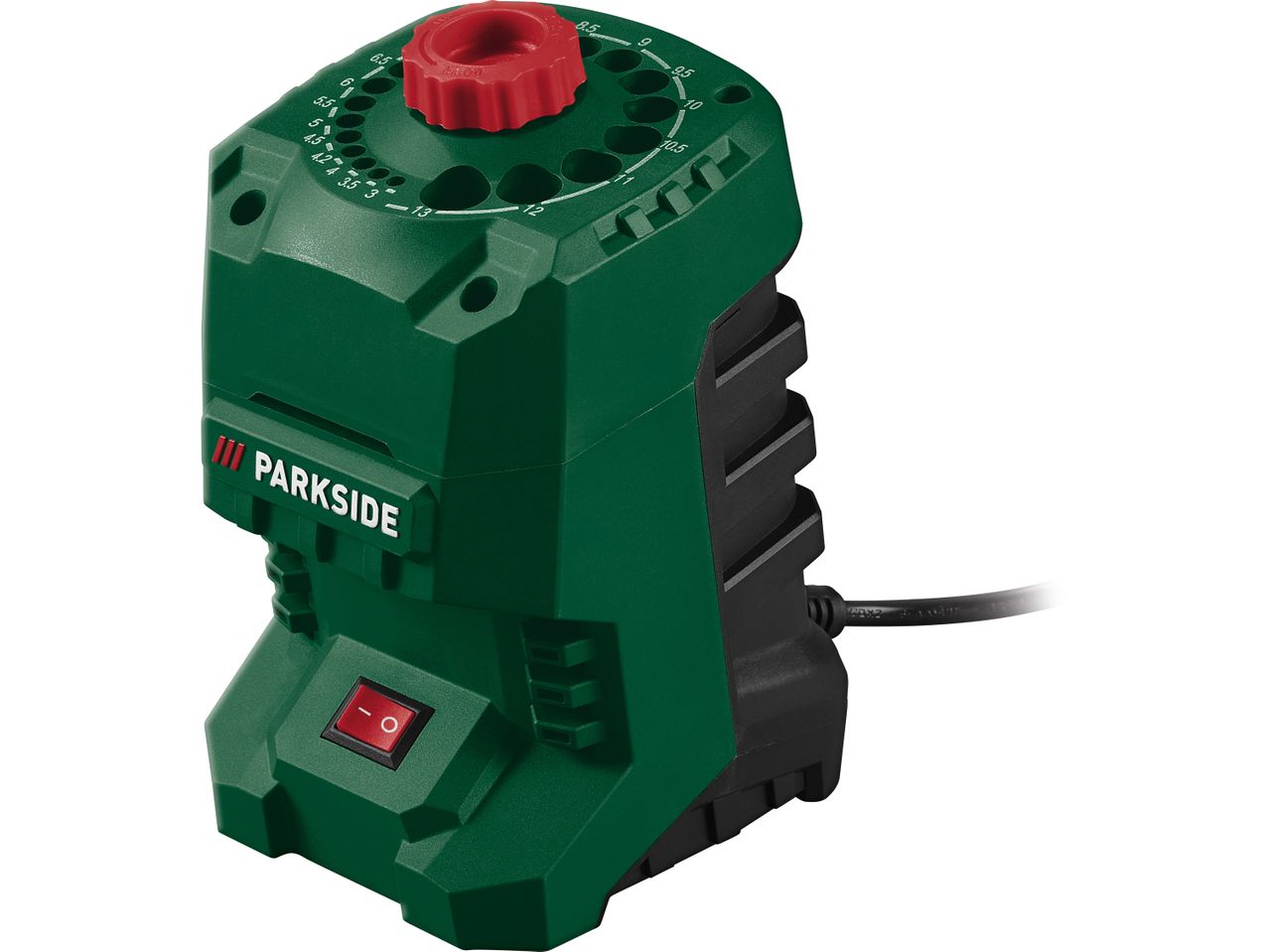 A Parkside drill bit sharpener with a green body and red knob.