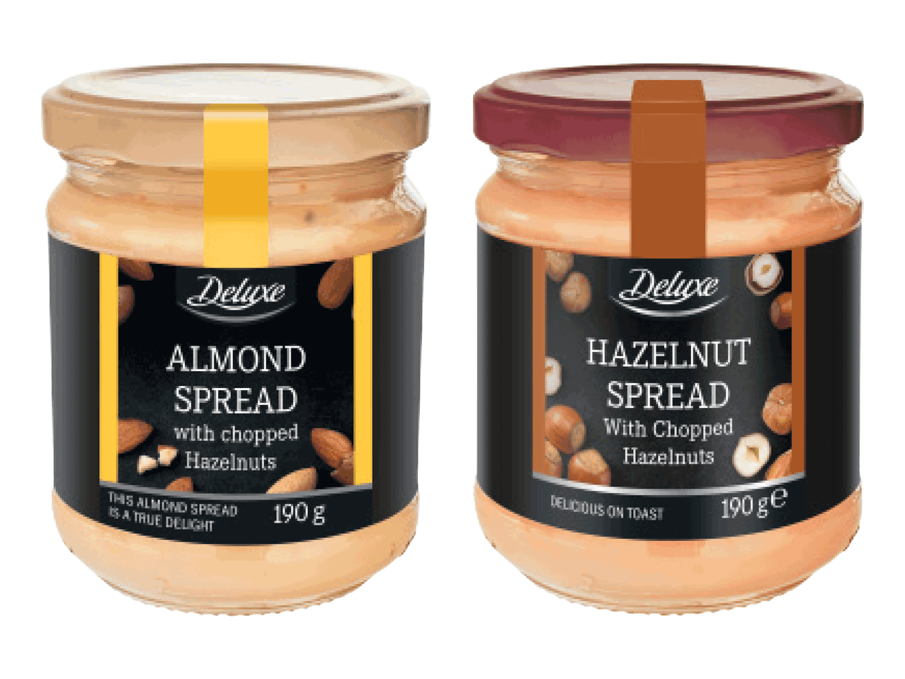 Kaks purki Deluxe pähklivõid: mandlivõi ja sarapuupähklivõi, mõlemad 190g.