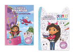 Zwei Gabby's Dollhouse Sticker- und Malbücher mit Gabby und Katzenfiguren.