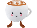A plush coffee cup with latte art, a smiling face, and brown legs.