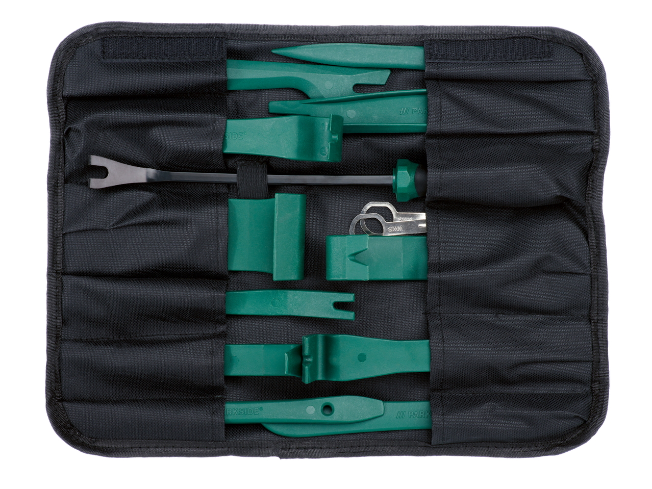 Conjunto PARKSIDE de ferramentas verdes para remoção de estofos e clipes, numa bolsa preta.
