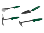 Set vrtnog alata s lopaticom, grabljama i motikom, zelene ručke.