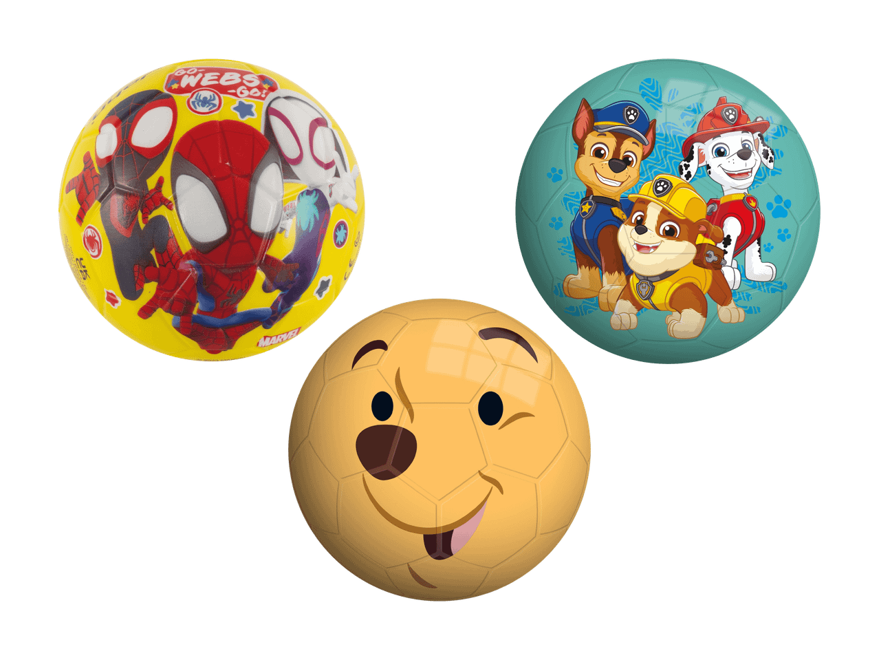 Kinderfußbälle mit Zeichentrickfiguren: Spider-Man, Paw Patrol und Winnie Puuh.