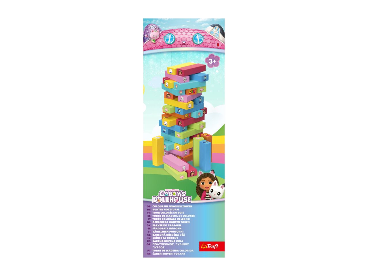 Colorful wooden tower game with Gabby's Dollhouse characters, suitable for ages 3+.