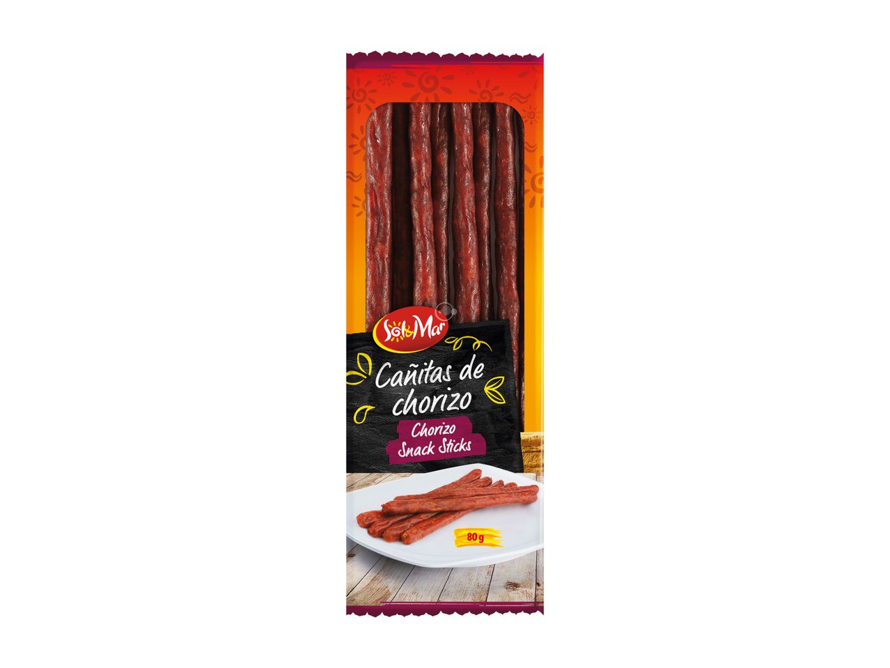 Paket Sol & Mar s palčkami choriza in krožnikom s palčkami choriza.