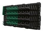 Wall-mounted storage system with green and black bins, ideal for organizing small parts.