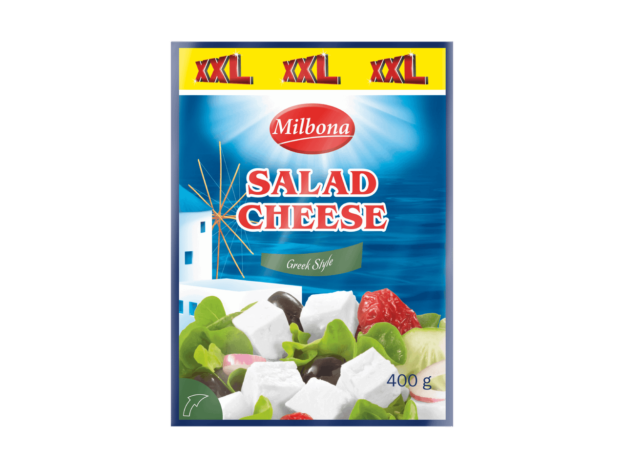 Emballage de fromage à salade de style grec, format XXL, avec des dés de fromage, des olives et des légumes.