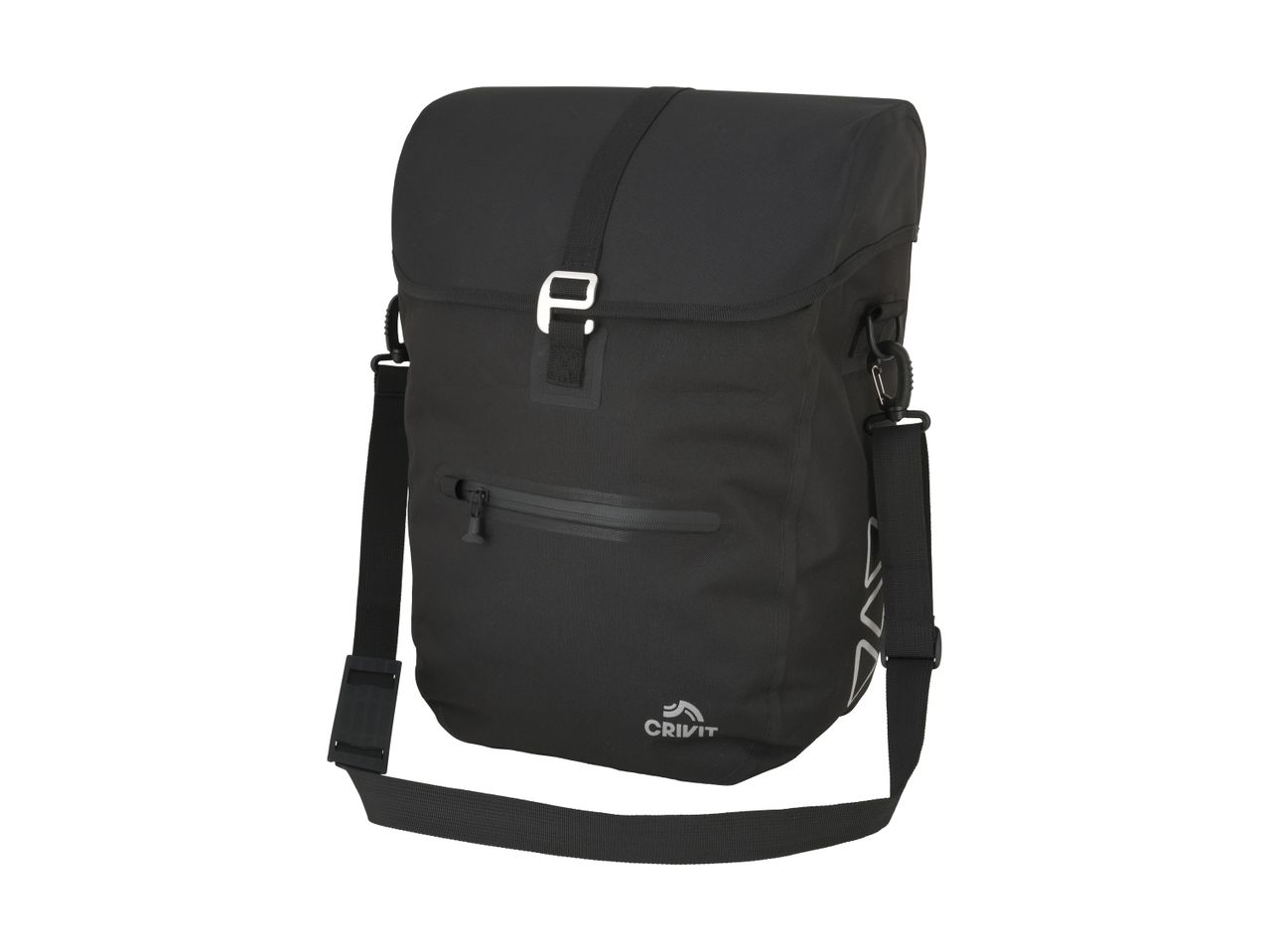Black waterproof bicycle pannier bag with a roll-top closure and shoulder strap.