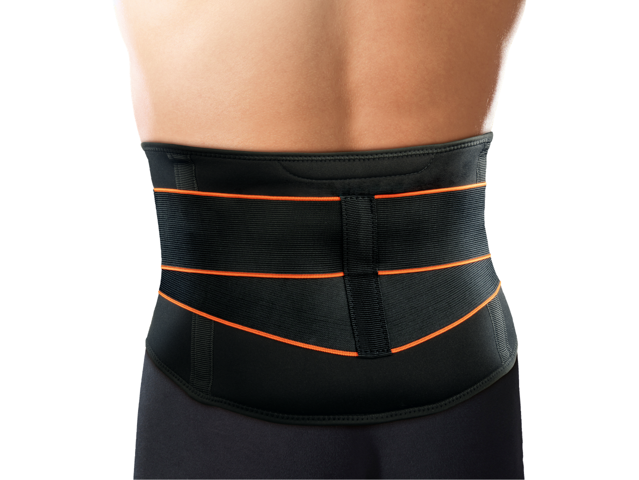 Black back support belt with orange accents.