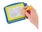 Hand drawing on a blue and yellow magnetic drawing board with a yellow pen.