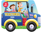 Carte pentru copii despre un tractor, cu ilustrații cu copii și un câine.