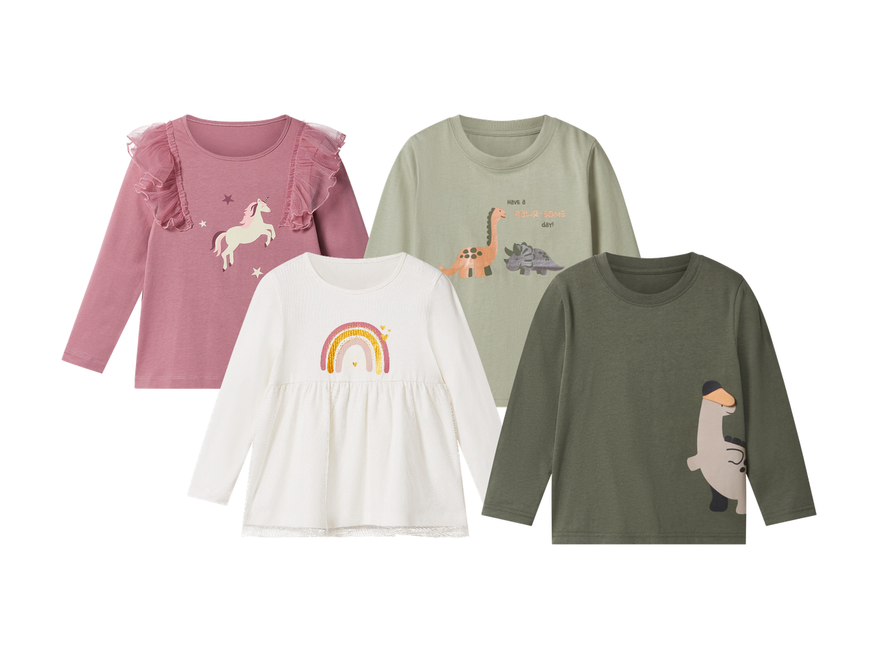 Četiri dječje majice dugih rukava: ružičasta s jednorogom, bijela s dugom, svijetlozelena s dinosaurima i tamnozelena s lamom.