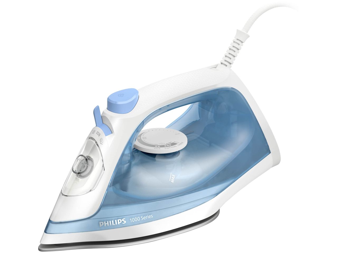 Un ferro da stiro Philips 1000 Series bianco e blu su sfondo bianco.
