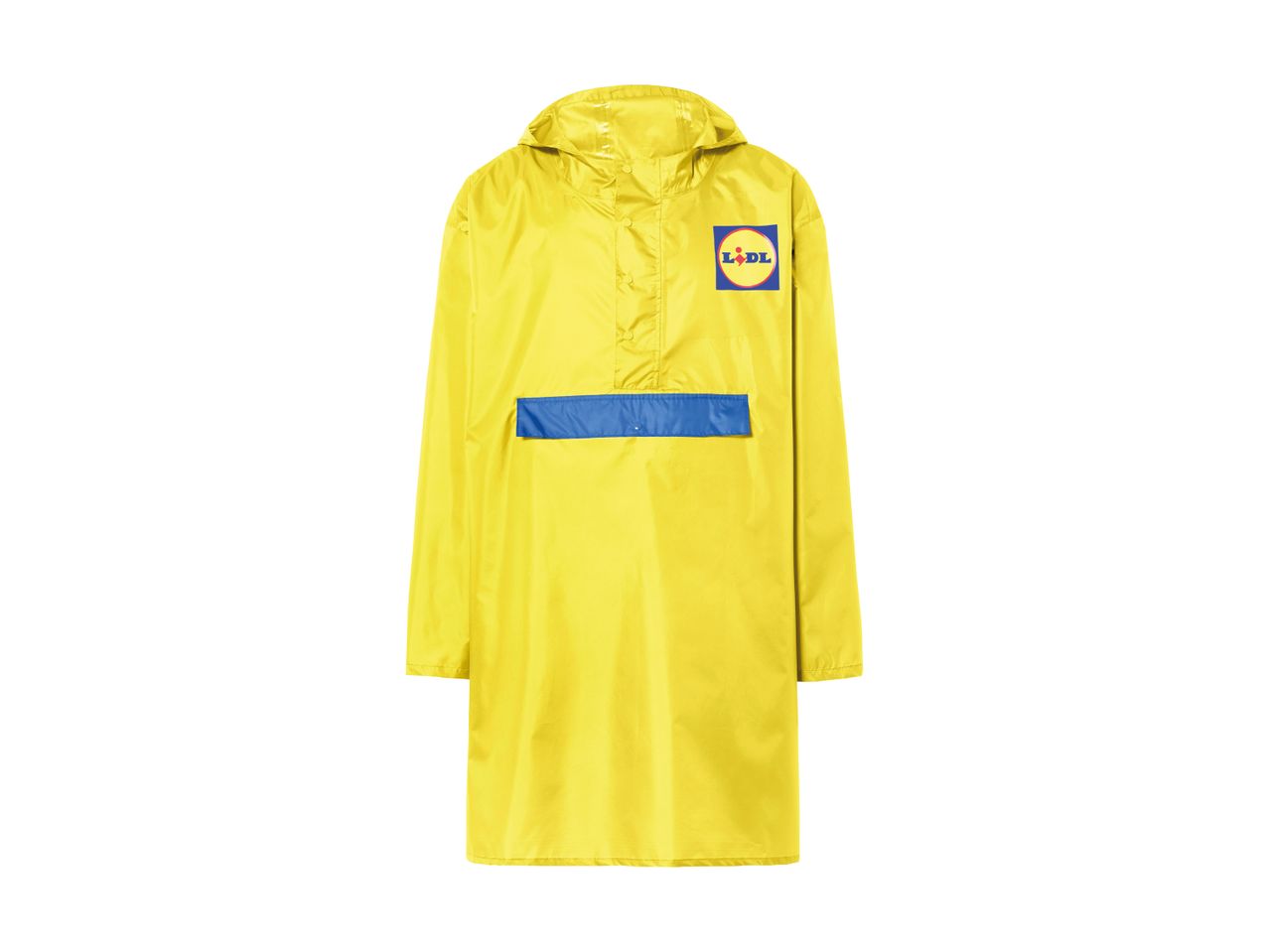 Gul Lidl regnjakke med blå detaljer og logo.