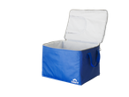 Open blue cooler bag with white interior lining and handles.