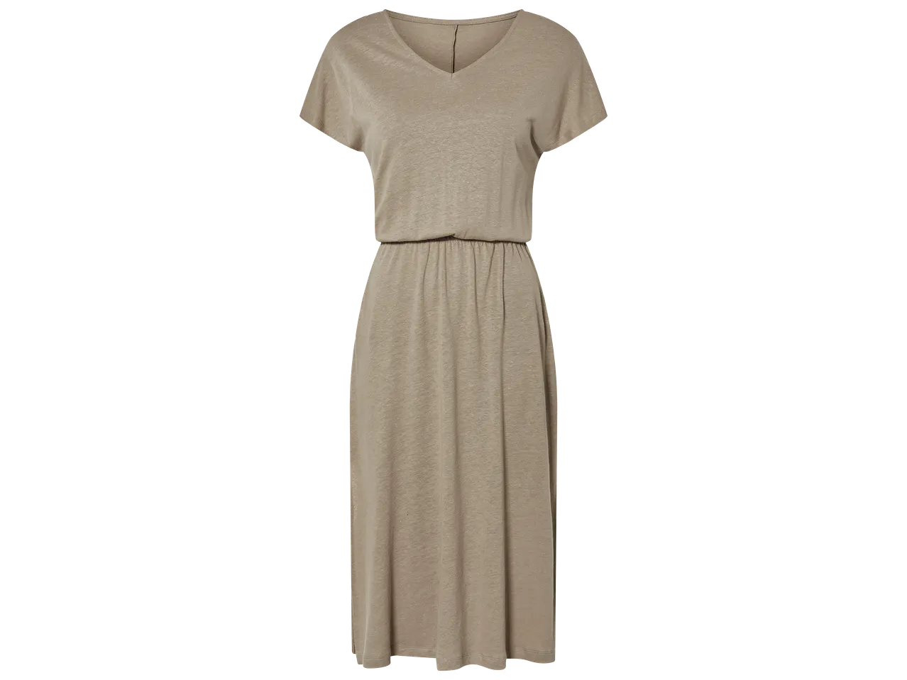 Robe longue beige à manches courtes et col en V, avec taille élastiquée.